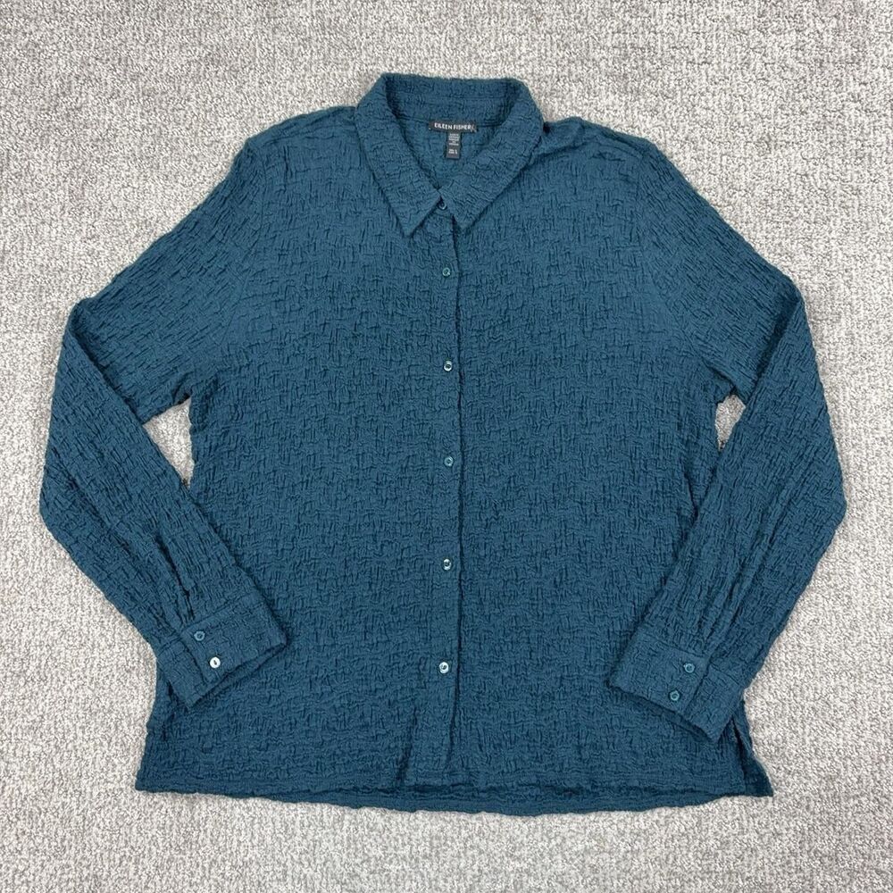 Eileen Fisher Shirt Womens Large Blue Textured Button Lagenlook Minimalist